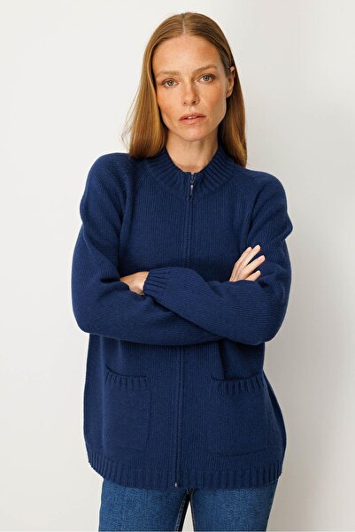 Desen Triko Kadın Dik Yaka Cepli Basic Yün Hırka İndigo