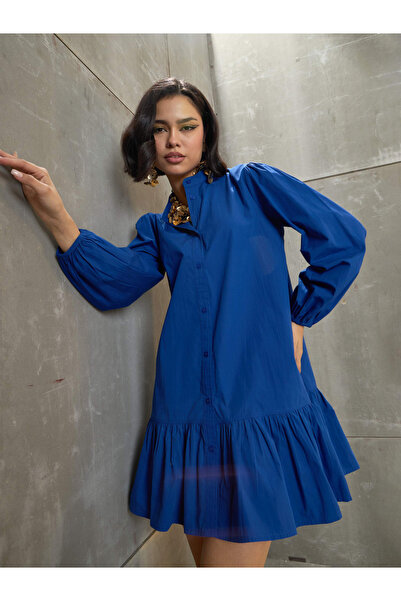 Sassafras By Styli Blue Poplin Frill Hem Mini Dress