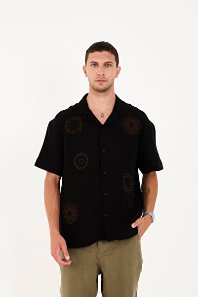 Rocqerx R-6063 Πουκάμισο μουσελίνας με κοντό μανίκι με κέντημα με γιακά