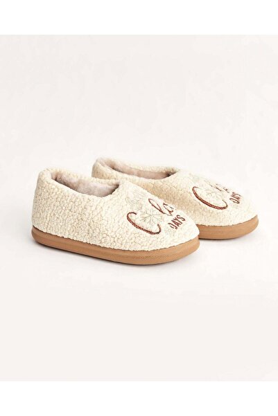 Chirpy Women's Winter Cold Days Embroidered Comfortable Indoor Shoes – Stylish Cream Color