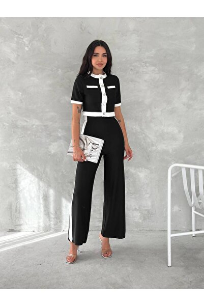 NEWCO Women's Black Ottoman Fabric Stripe Garnished Suit