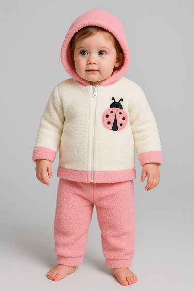 Bubito Ladybug Embroidered Winter Plush Welsoft 2-Piece Hooded Set-Salmon