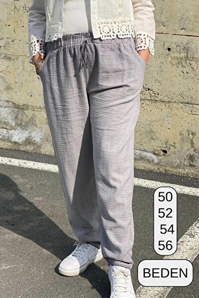Mia Butik Plus Size Gray Elastic Waist Linen Trousers