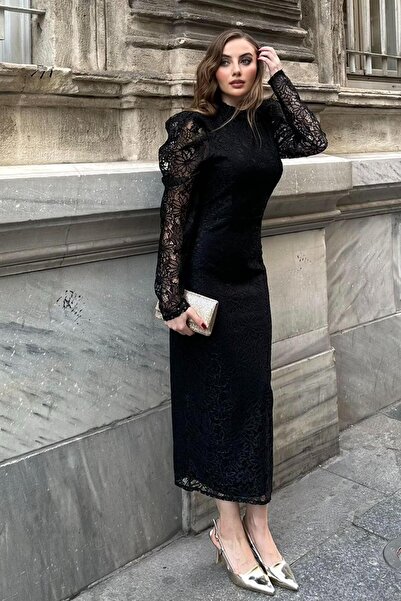 Elbee Fashion Woman Kol Detaylı Yarım Boğazlı Dantel Elbise