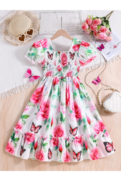 Take Two By Styli Girls Graphic Print Puff Sleeve Dress