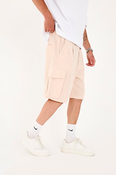 Rocqerx R-4428 Λεπτομερές ελαστικό λινό σορτς με φερμουάρ