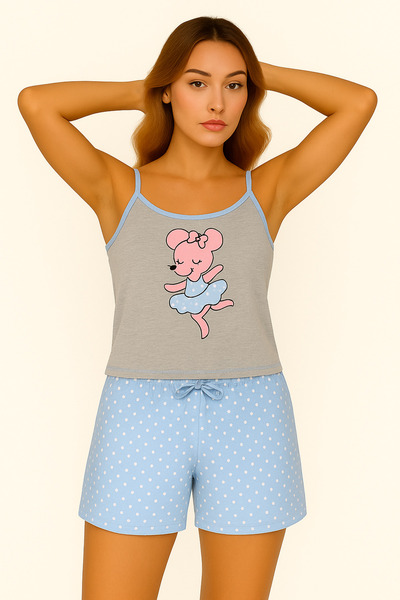 OEM Women's 2-piece viscose pajamas with mouse print - tank top and shorts Blue - pink L
