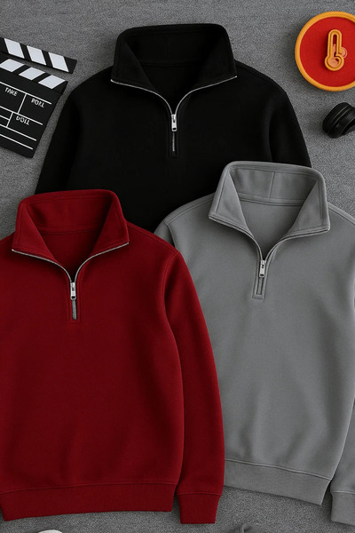 COMBİNE MİCHAİL Ανδρικό χειμερινό φούτερ με μισό φερμουάρ 3 τεμαχίων