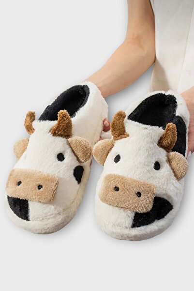 Liger Χειμερινές παντόφλες σπιτιού Unisex με αντιολισθητική σόλα με κέντημα με φιγούρα αγελάδας ΛΕΥΚΟ - ΜΑΥΡΟ