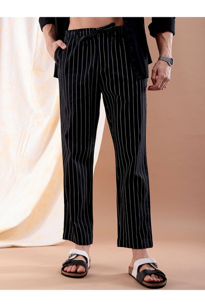 The Indian Garage Co By Styli Men Black Regular Fit Striped Trousers