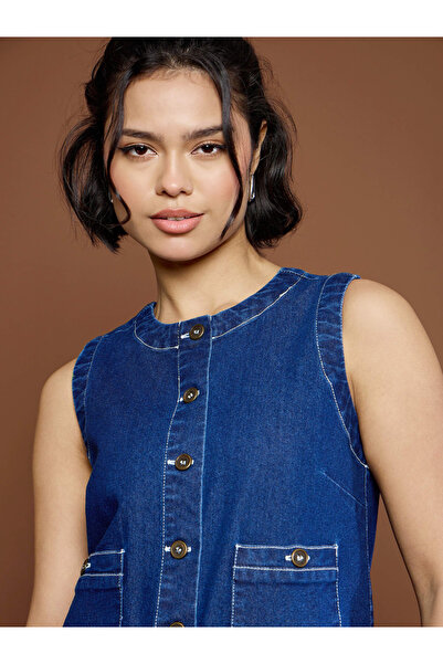 Sassafras By Styli Navy Washed Front Pocket Denim Mini Dress