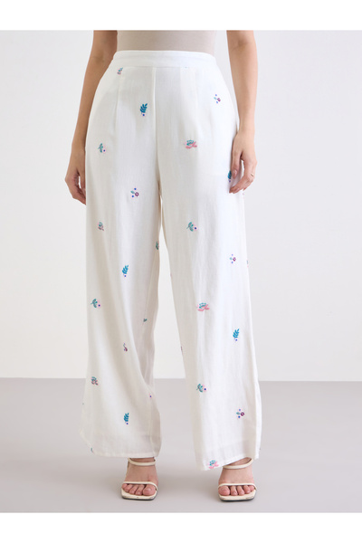 Styli Off White Embroidered Wide Leg Trousers