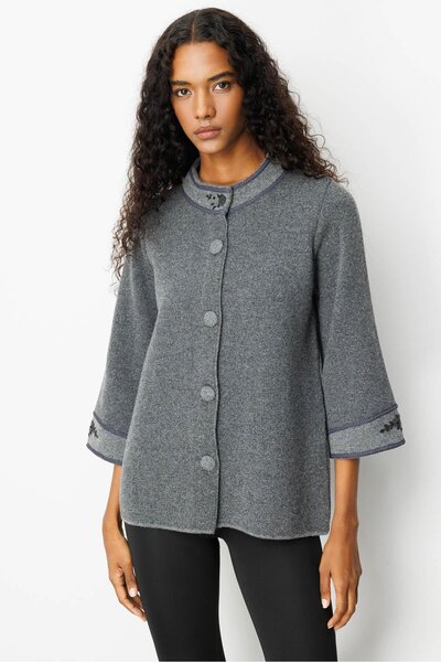 Desen Triko Women's Stand Collar Sleeve and Collar Embroidered Wool Coat Smoked