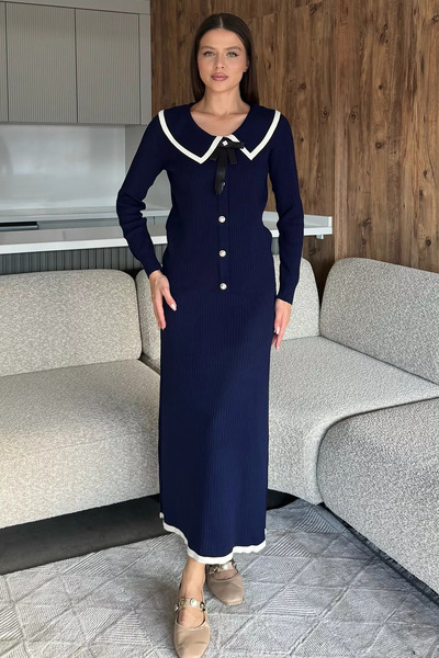 julude Navy Blue Baby Collar Cardigan Look Blouse Skirt Knitwear Two-Piece Set