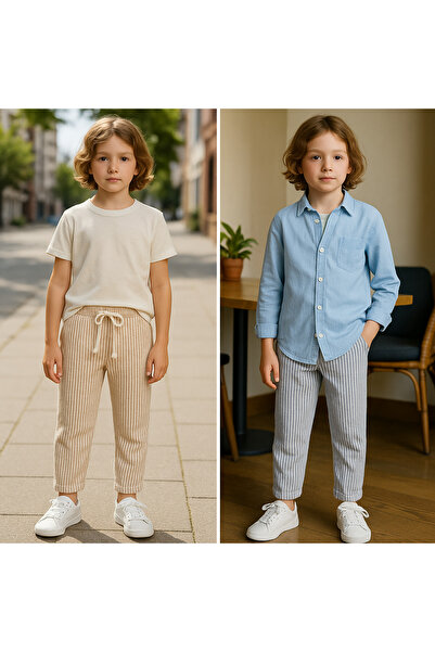 ConalBRT Çocuk Jogger Pantolon – Gri Beyaz Çizgili, Günlük Rahat Model