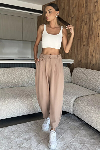 julude Beige Leg Button Detailed Comfortable Pants
