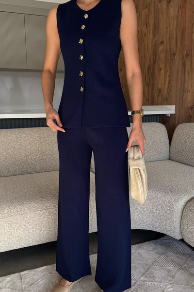 julude Navy Blue Vest Pants Knitwear Two-Piece Set