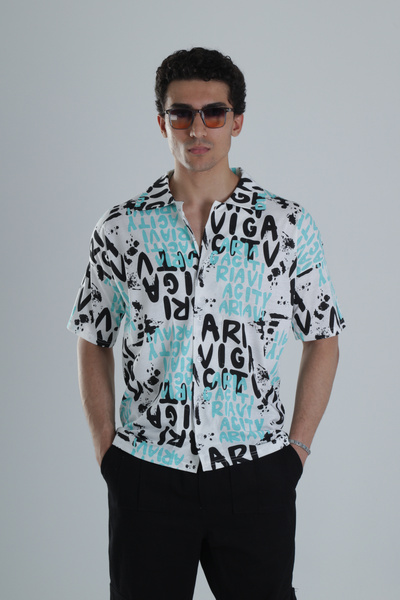 COCOPELLI Cămașă hawaiană turcoaz cu model graffiti pentru bărbați