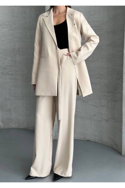 ParlaMira Women's Dabıl Fabric Tie-Up Blazer Jacket & High Waist Palazzo Pants Set