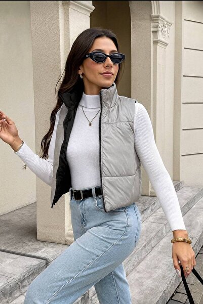 Varyete Double-Sided Wearable Zippered Sleeveless Pocketed Inflatable Crop Women's Coat Vest