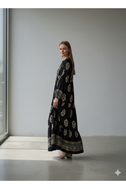 TUBA EXPORT Kadın Vintage Etnik Desenli Uzun Elbise – Rahat ve Şık Günlük Kullanıma Uygun