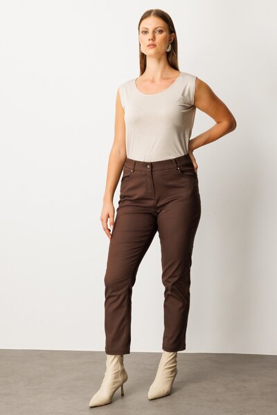 Ekol Women's Plus Size Skinny Leg Trousers 1063 Brown