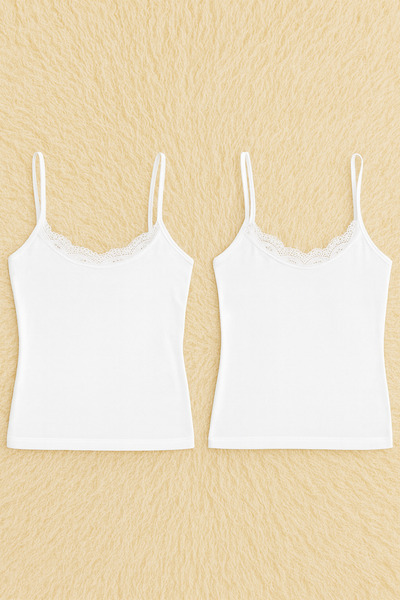 QKK Women's Cotton Lycra Lace Rope Strap Combed Cotton 2-Piece Undershirt Q6K0K1T9Ka