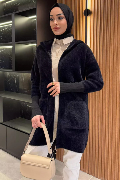 julude Black Hooded Zippered Soft Yarn Hijab Cardigan