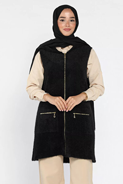 julude Black Sleeveless Zippered Soft Hijab Knitwear Vest (Available in Sizes S, M, L, XL)