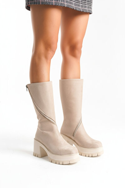 Limeo Women's Round Toe Thick Soled Zippered Platform Heeled Long Boots
