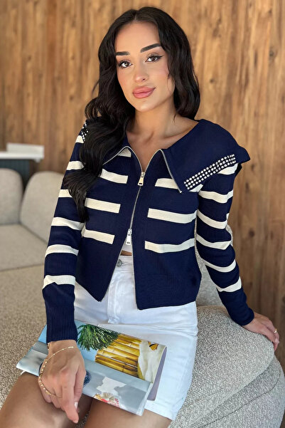 julude Navy Blue Collar Detailed Striped Knitwear Cardigan
