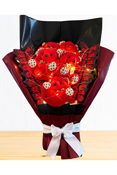 Genel Markalar Ledli Kırmızı Temalı Kelebekli Ayıcık Buketi - Sevgiliye Hediy...