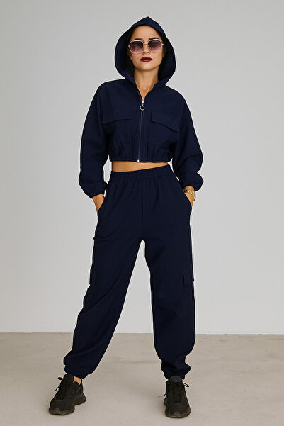 SheLoria Women's Navy Blue Cropped Hooded Raincoat Elasticated Leg Cargo Pock...