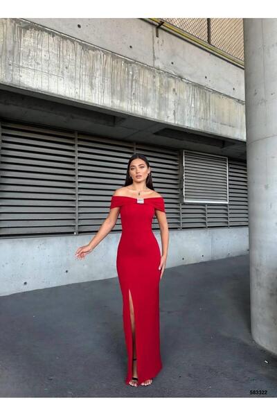 Modafeminen Stretchy Crepe Fabric Bow Collar Front Stone Detailed Evening Dress Red 583322