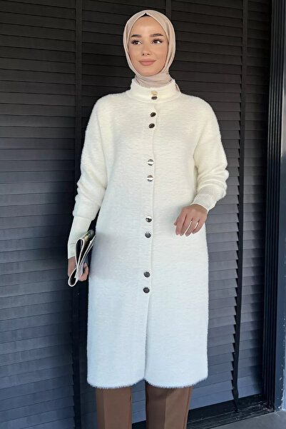 julude Cream Gold Buttoned Hijab Soft Knitwear Cardigan