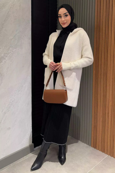 julude Cream Hooded Zippered Soft Yarn Hijab Cardigan