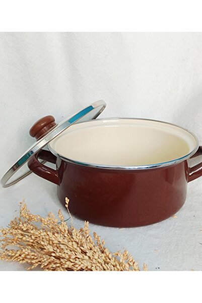 EBRULİEMAYE Brown Enamel Flat Pot 2.2 Liters 20 cm Diameter Milk Yogurt Soup Pot