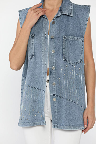 julude Ice Blue Women's Double Pocket Stone Embroidered Jean Denim Vest
