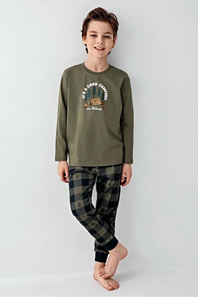 Arnetta 100% Cotton Circular Neck Plaid Pattern Boys' Pajama Set