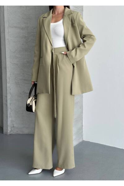 ParlaMira Women's Dabıl Fabric Tie-Up Blazer Jacket & High Waist Palazzo Pants Set