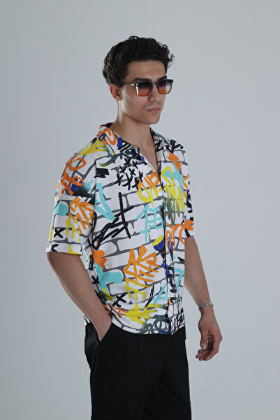 COCOPELLI Ανδρικό πολύχρωμο πουκάμισο Χαβάης με σχέδια Street Art COC1162