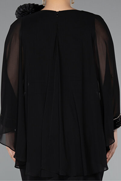 Abiyefon Siyah Pelerin Kol Midi Şifon Büyük Beden Davet Elbisesi ABK2383