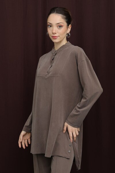 Puane Women's High Neck Dress with Slit Edges and Button Detail, Soft Textured Double Set
