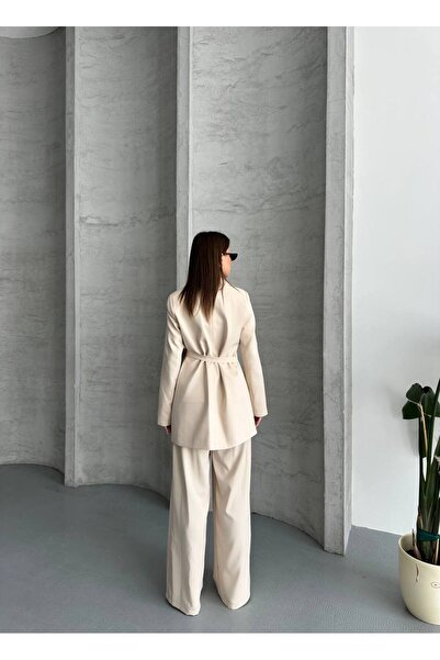 ParlaMira Women's Dabıl Fabric Tie-Up Blazer Jacket & High Waist Palazzo Pants Set