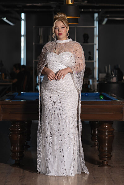 Abiyefon Ekru Straplez Boncuk İşlemeli Şallı Büyük Beden Uzun Abiye ABU5328