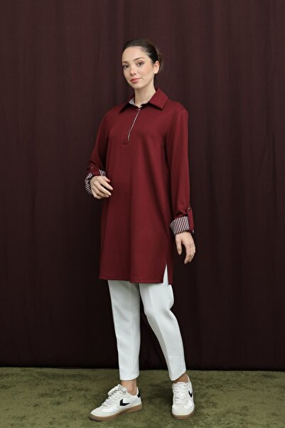 Puane Women's Shirt with Collar, Sleeves and Collar Part with Striped Fabric Detail, New Season Tunic