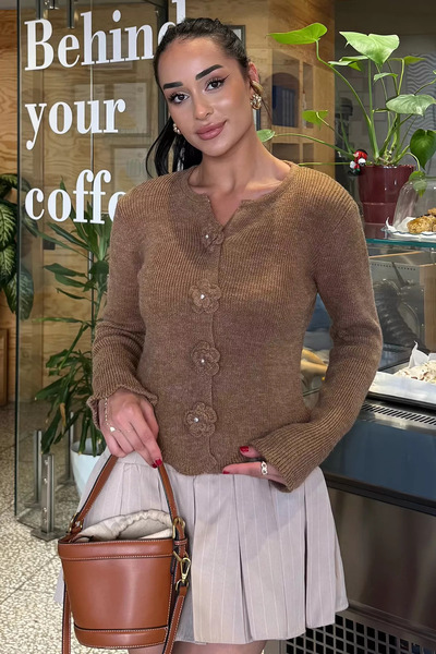 julude Light Brown Floral Button Detailed Knit Cardigan