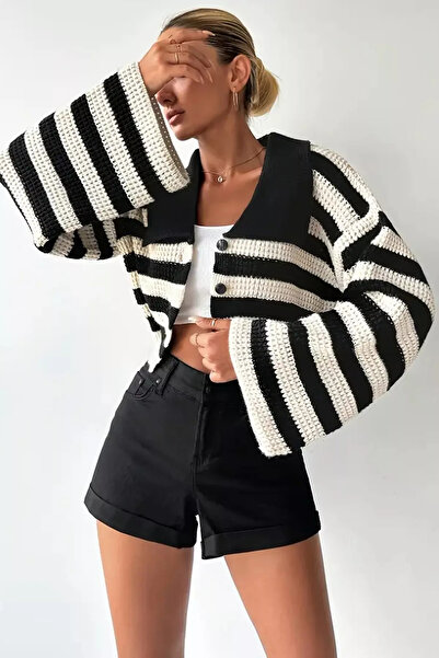 julude Black and White Women's Front Buttoned Color Striped Spanish Sleeve Knitted Sweater Cardigan