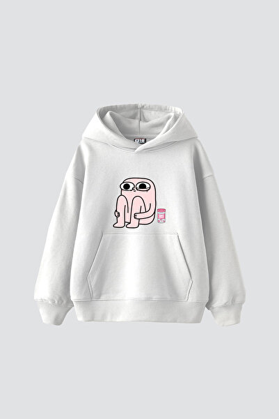Sekizbiraltı Λευκό φούτερ με κουκούλα Chill Pills με στάμπα, oversize, unisex