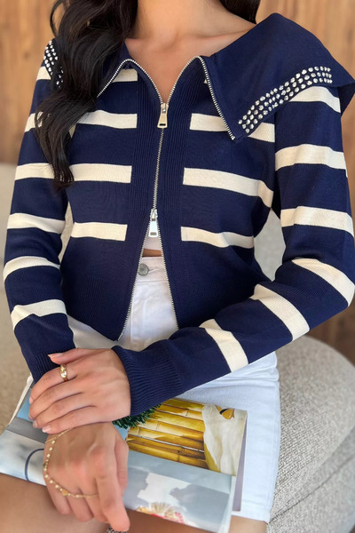julude Navy Blue Collar Detailed Striped Knitwear Cardigan